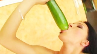 Give Me Pink Big boobed babe shoves fruit and veggies in her hole
