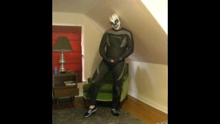 wetsuited lucha libre skeleton masked frogman playing with his cock