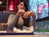 Katy Young - hot blows, gets fucked and eats cum at Burger King