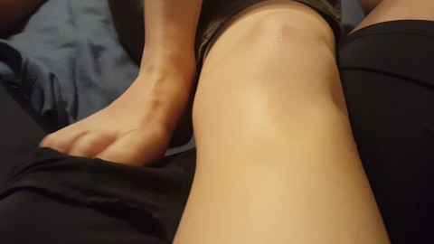 Footjob through underwear cumshot