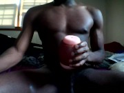 Stroking my black cock with my toy
