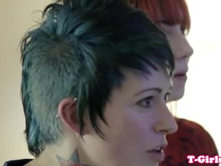 Inked transgirl straponfucked by redhead babe