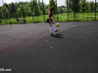 pornstar, soccer ball, small tits, flashing