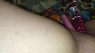 Punk Girl Tattooed Double Penetration With TOYS Vibrator And Glass Dildo