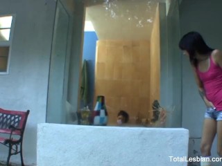 Cute brunette watches her stepsister_take a_bath