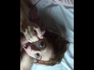 POV redhead girl gets her throat pounded after taking in her tight ass