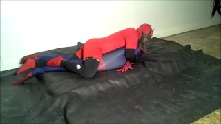 red and black spandex humps and cums spiderman