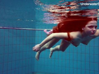 redhead, swimming, small boobs, underwater