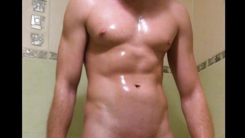 Masturbation in the shower. Sexy body man and big cumshot