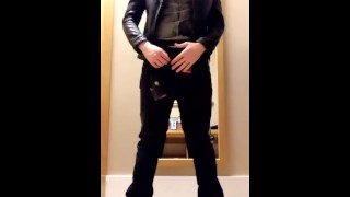 Attempting On A New Leather Jacket With Cum