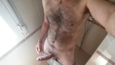 Horny hairy guy cumming hard while moaning