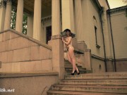 Jeny Smith wearing MyMokondo strap bondage in old park