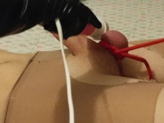 Mistress Ties Up Slaves Balls and Shocks His Dick_While Jerking