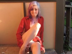 Teen teasing pussy in public
