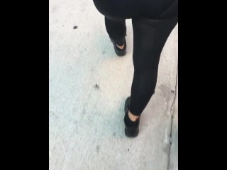 Transparent legging in public visible panties