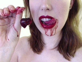Redhead Eating Fruit Seductively Dripping on Tits and Bush