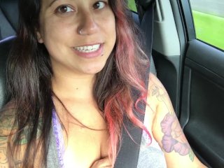 fingers in mouth, reality, public, orgasm while driving