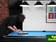 Preview 1 of Busty trans trap tugs hard cock on pool table