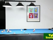 Preview 3 of Busty trans trap tugs hard cock on pool table
