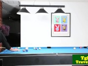 Preview 5 of Busty trans trap tugs hard cock on pool table
