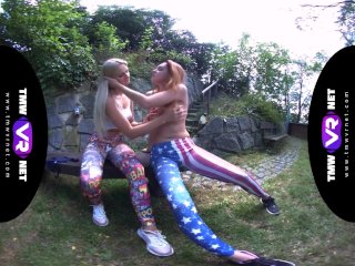 TmwVRnet.com - Katy Sky & Candy Red - Yoga lesbians orgasm outdoors