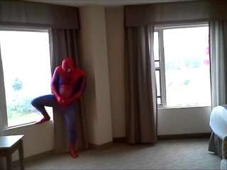 Spiderman Jerking off at Hotel Window
