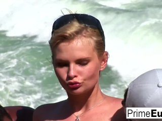 Busty blonde Tarra takes a white and a black cock