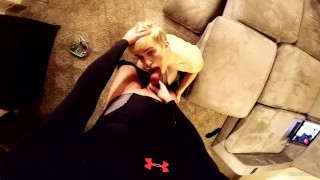 Skinny blonde twink AJ Archer gives a blowjob on his knees