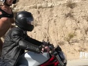 Sexy biker chick fucking the dildo whilst riding a bike