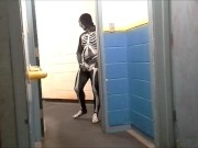 Preview 1 of skeleton with hard on jerks off in gym hall