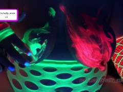 BBW milf black light finger paints massages huge breasts and long nipples