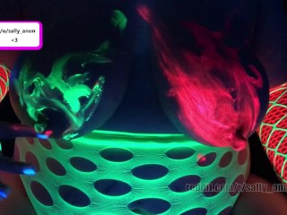 BBW MILF Black Light Finger Paints Massages Huge Breasts and Long Nipples