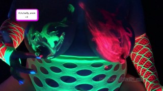 Huge Breasts And Long Nipples Are Massaged By BBW Milf Black Light Finger Paints