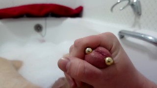 Bath time play with my pierced cock (Prince Albert) No Cumshot
