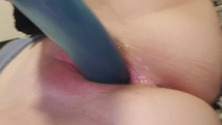 Solo masturbation w/ blue dildo