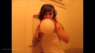 In The Shower A Tattooed Crazy Girl Tries To Pop Balloons