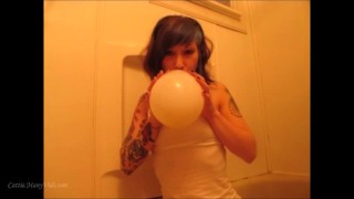 Tattooed Loony Girl Attempts To Pop Balloons In Shower