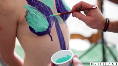 Girls painting on the naked body with many pussy close-ups - XCZECH.com/Art