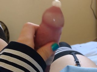 Cute crossdresser cums hands free, then again into the same condom