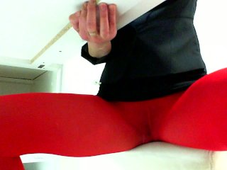 Masturbate at work:Day 28.Rubbing through_red pantyhose.brunette amateure