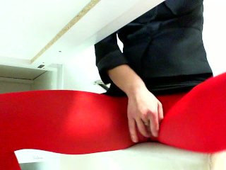 Masturbate at Work :Day 28.Rubbing Through RedPantyhose.brunette Amateure