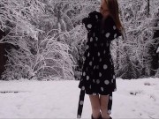 Preview 1 of Skinny Redhead Teen Pisses In The Snow Outdoors