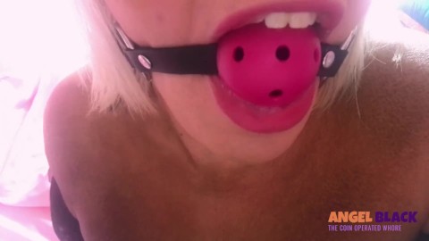 Tranny caged in chastity strapped in a tight gag awaits her daddy