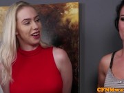 Preview 3 of Glamorous cfnm doms sucking and jerking sub