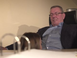 Secretary caught coworker sucking the old boss under his desk and joins in