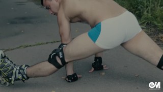 Sexy Roller Skater With Bulging Cock And Buttocks In Tight Speedos