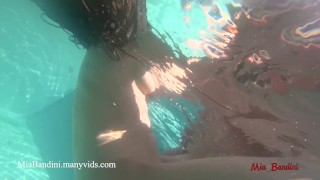 Underwater ass to mouth sex in the pool and anal creampie. Mia Bandini.