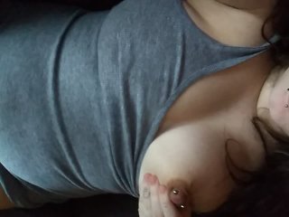 self nipple sucking, morning masturbation, brunette milf, big tits