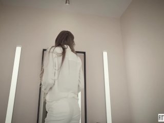 Horny secretary Melena Maria fucks her ass in a lingerie fitting room