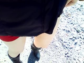 pee in the woods, red skirt without thong
